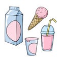 A set of colored icons, dessert with fruit sweet yogurt, ice cream, milkshake, vector cartoon