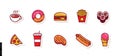 Set of Colored Icons of Fast Food dishes in the Style of the Material Design with a Thin Line and Shadow.