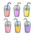 A set of colored icons, a fruit milkshake with a drinking tube in a plastic cup, vector cartoon