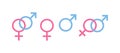 Set of colored icons, gender sign or symbol. Pink symbol of woman, female. Blue symbol of man, male