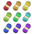 A set of colored icons, large skein of yarn for knitting, vector cartoon