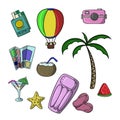 A set of colored icons, leisure equipment, tourist vacation on the beach, vector cartoon