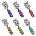 A set of colored icons, a metal comb for animals with a plastic handle, vector cartoon