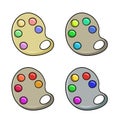 A set of colored icons, an oval palette with multicolored paints, a drawing tool, cartoon vector