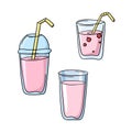 A set of colored icons, a pink fruit milkshake with a drinking tube in a cup, vector cartoon