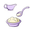 A set of colored icons, a purple ceramic plate with cottage cheese, a spoon with sour cream, vector cartoon