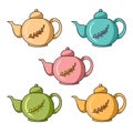 A set of colored icons, a round teapot for brewing tea with an autumn pattern, vector cartoon