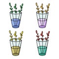 A set of colored icons, Simple twigs with leaves in a tall glass vase, vector cartoon