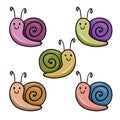 A set of colored icons, a small cartoon bright snail with a round shell, a character, vector