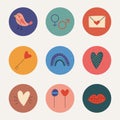 Set of colored icons for valentine\'s day. Bird, hearts, rainbow, lips, candy, key Royalty Free Stock Photo