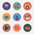 Set of colored icons for valentine\'s day. Hearts, envelope, bouquet, flowers, rainbow, camera, jar, signboard