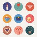 Set of colored icons for valentine\'s day. Lipstick, hearts, balloon, flowers, gift, pants, target with an arrow, bow