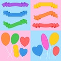 Set of colored insulated ribbons of banners and balloons on a blue and pink background. Simple flat vector illustration. With Royalty Free Stock Photo