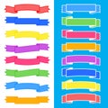 Set of colored insulated ribbons banners with strokes on white and blue background. Simple flat vector illustration. With space Royalty Free Stock Photo