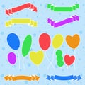 Set of colored isolated cute balloons and ribbons banners on a blue background. With a white stroke. Simple flat vector Royalty Free Stock Photo