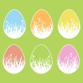 Set of colored isolated Easter eggs on a green background. With a white stroke. Silhouette of grass and leaves inside. Simple flat Royalty Free Stock Photo