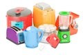 Set of colored kitchen home appliances. Toaster, kettle, mixer,