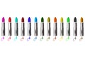 Set of colored lipsticks isolated on a white background. Open tubes of lipstick in silver packaging. Glossy women`s lipstick.