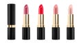 Set of colored lipsticks. Red, pink, orange, lipstick mockup. 3d realistic packaging. Decorative cosmetic for lip. Blank Royalty Free Stock Photo