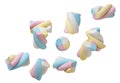 Set of colored marshmallows flying on a white background. Isolated Royalty Free Stock Photo