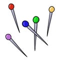 Set of colored metal pins for seamstress, vector cartoon