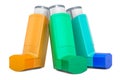 Set of colored metered-dose inhalers, 3D rendering
