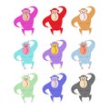 Set of colored monkeys. Funny gorilla. Cute primacy of different