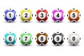 Vector set of colored numbered lottery balls for bingo game. Lotto keno concept. Bingo balls with numbers. Isolated on