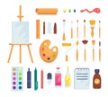 Set of colored painting tools vector icons in cartoon style. Supplies, art brushes and easel. Artist or school Royalty Free Stock Photo