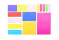 Set of colored paper stickers of different shapes with curled corners isolated on white background. Round, oval, square, Royalty Free Stock Photo