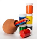 Set of colored pencils and paints for children's creativity in a Royalty Free Stock Photo