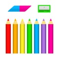 Set of colored pencils with sharpener and eraser in flat style Royalty Free Stock Photo