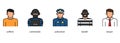 Set of colored people in police office thin icon isolated on white background. Royalty Free Stock Photo