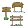 A set of colored pictures, various old brown wooden signs on a pole, vector cartoon