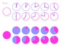 Set of colored pie charts with segment of percent. Templates sectoral graphs flat and linear style. Infographic vector