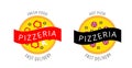 Set of 2 colored pizza logos with with pepperoni, pepper, olives and mushrooms