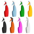 Set of colored plastic bottles of detergent with nozzles for spraying