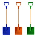Set of colored plastic shovels snow shovel with wooden handles, vector illustration