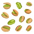 Set of colored realistic roasted pistachios nuts in separate on white background. Salty delicious organic food, nutshells. peeled