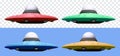 Set of colored 3d realistic unidentified flying objects isolated on transparent background. Vector illustration