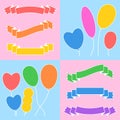 A set of colored ribbons of banners and balloons. With space for text. Simple flat vector illustration isolated on a pink and blue Royalty Free Stock Photo