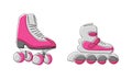 Set of colored roller skates, footwear one line art. Continuous line drawing of sport, shoes, skating, speed