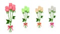 Set of colored rose bouquets with bows. Vector realistic illustration, isolated