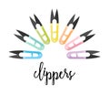 Set of colored scissors arranged in a semicircle with clippers inscription Royalty Free Stock Photo