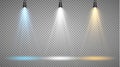 Set of colored searchlights on a transparent background. Bright lighting with spotlights. The searchlight is white, blue