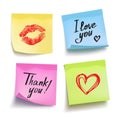 Set of colored sheets of note papers with text and signs. Vector