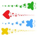 Set of colored silhouettes. A flock of abstract flat butterflies, hearts, stars flying one after another