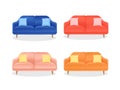 Set of colored sofa with pillows on an isolated white background. Vector illustration of comfortable home couch for Royalty Free Stock Photo