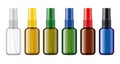 Set of Colored Spray bottles. Transparent Glossy surface. Non-transparent Caps. Royalty Free Stock Photo