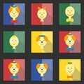 Set of colored square icons with flat heads clowns
